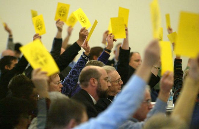 Clergy and lay members of the Episcopal Diocese of San Joaquin vote to split with the national denomination over disagreements about the role of gays and lesbians in the church at their annual convention in Fresno, Calif.