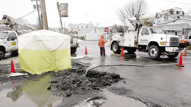Frontier Communications workers were on the scene on Green Street in Goshen yesterday, where a damaged cable has been causing phone-service problems. The company says a new cable is in the process of being installed.