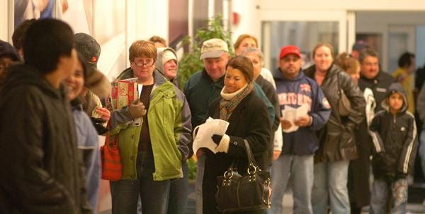 Bargain hunters line up outside the Best Buy in Hyannis for "Black Friday" bargains the day after Thanksgiving.