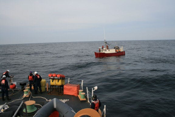 The crew aboard the 270-foot Coast Guard Cutter Tahoma assisted three fishermen Dec. 30 after the propeller on their boat became fouled. At about 3:45 p.m., Saturday, the crew of the 43-foot Kelly Sea radioed the Coast Guard and reported they had lost propulsion and were adrift about 75 miles southeast of Point Judith, R.I.