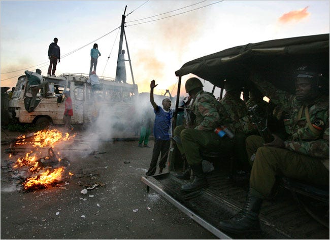 In Kibera, a slum of one million people near Nairobi, thousands burned buses, homes and shops.