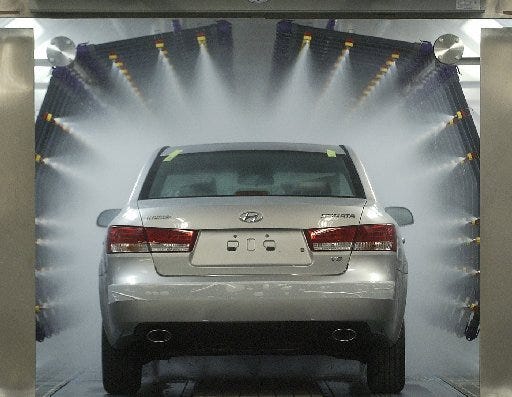 A new Sonata goes through the shower test at the Hyundai plant in Montgomery in 2005.