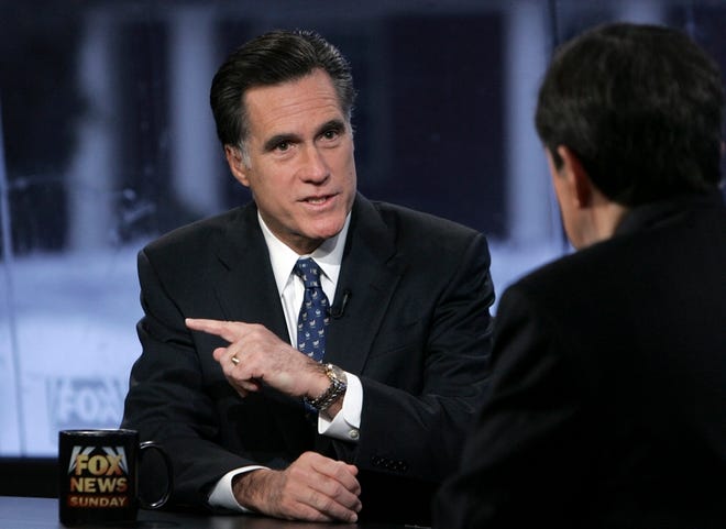Republican presidential hopeful Mitt Romney speaks with Chris Wallace on "FOX News Sunday" in Manchester, N.H.