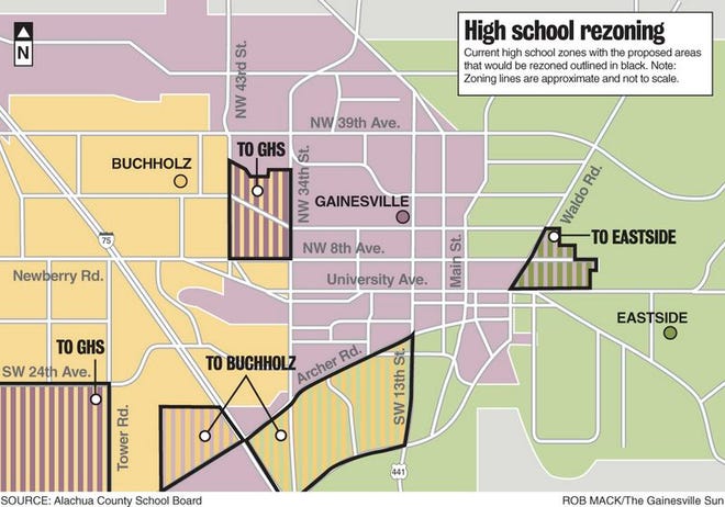 A map of the current high school zones with proposed changes.