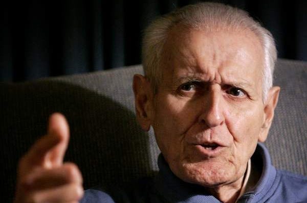Dr. Jack Kevorkian reacts to a question during an interview at the UF Hilton on Monday.