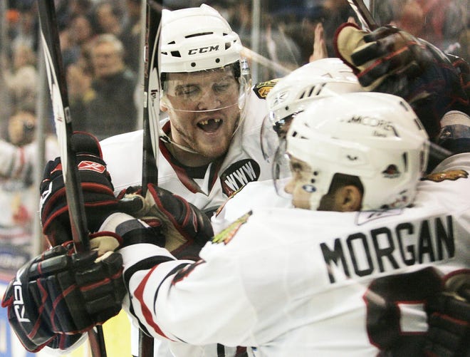Rockford IceHog Bryan Bickell celebrates the IceHogs’ fourth goal in the third period Jan. 16,2008, in Rockford against the Manchester Monarchs.