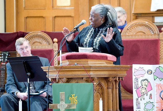Alan MacRae/for the Citizen

THE REV. DR. BERTHA PERKINS speaks at the United Baptist Church in Lakeport during the annual celebration service in honor and memory of Dr. Martin Luther King Jr. on Sunday.