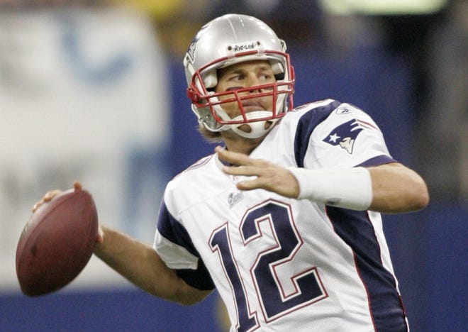 Patriots quarterback Tom Brady throws a pass in the second quarter against the Colts, No. 4, 2007, in Indianapolis. The Patriots play the New York Giants in Super Bowl XLII on Sunday, Feb. 3 in Glendale Ariz.