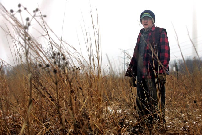 Mark Dahlgren walks through a stand of prairie grass Tuesday, Jan. 29, 2008, which he planted on some of his 23 acres just outside Rockford. In addition to the prairie, Dahlgren has planted thousands of trees native to the region on the property.