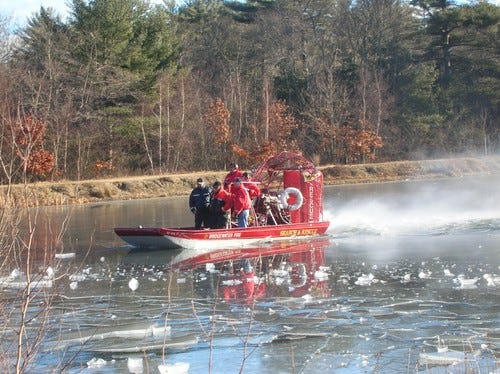 Personnel from the Bridgewater Fire Department assist in the search for a Kingston man gone missing in a Duxbury pond.