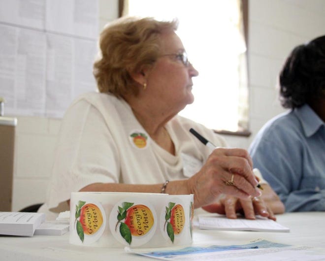 Gladys England, a poll worker at the Vernon C. Hinley Community Center in Rincon, gets people signed in to vote during Tuesday's referendum election. (Emily Goldman/Effingham Now)