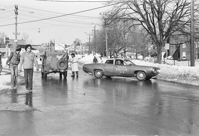 Police and army units at the Marblehead border, enforcing the driving ban. (From 'Greater Boston’s Blizzard of 1978.')