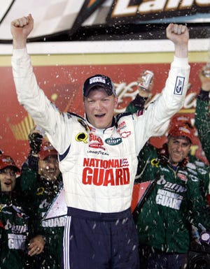 Dale Earnhardt Jr. celebrates his victory in Saturday's Bud Shootout, his first race with Hendrick Motorsports after leaving Dale Earnhardt Inc. during last season.