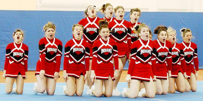 The Red Jacket cheerleaders perform during Saturday’s Section 5 Class C competition at RIT. The Indians thought they had tied for first with Geneseo but found out later they won the championship outright.