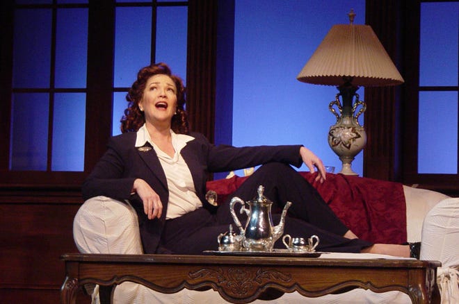Amelia Broome portrays screen legend Katharine Hepburn in the one-woman show, "Tea at Five," at Foothills Theatre through March 2.