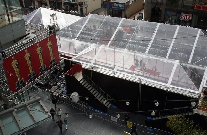 The red carpet area before the Kodak Theatre is seen before the 80th annual Academy Awards in Hollywood, California, on February 21, 2008. The Oscars will be presented February 24, 2008.