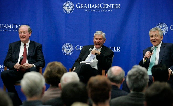 Sen. Jay Rockefeller, D-W.Va., from left, former Sen. Bob Graham and Sen. Chuck Hagel, R-Neb., share a laugh during the "The Path to the White House: The Next President's Agenda" lecture at UF's Pugh Hall on Thursday.
