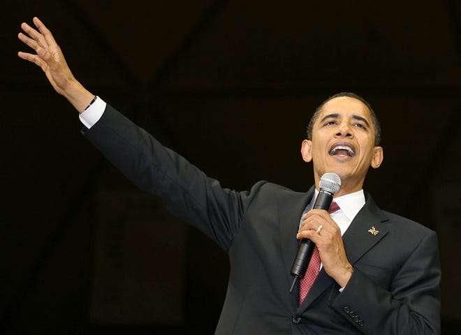 Democratic presidential hopeful Sen. Barack Obama D-Ill. addresses supporters during a rally Friday in Laramie, Wyo.