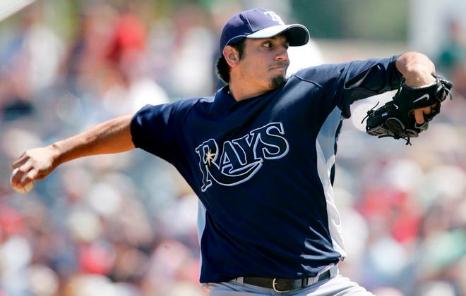Tampa Bay Rays starter Matt Garza delivers in the fourth inning during a Spring Training baseball game against the Boston Red Sox in Fort Myers, Fla., Thursday March 13, 2008. (AP Photo/Charles Krupa)