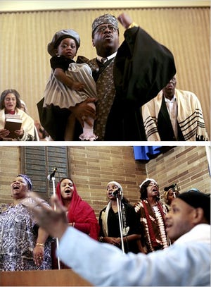 Rabbi Capers C. Funnye Jr., top, at Beth Shalom, and the choir, led by Nashone Weyudah, foreground. “I am a Jew,” the rabbi said, “and that breaks through all color and ethnic barriers.”