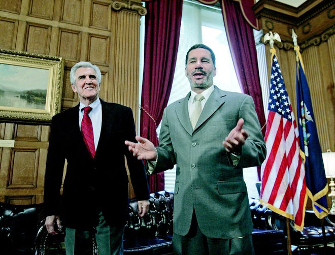 New York Lt. Gov. David Paterson, right, and Senate Majority Leader Joseph Bruno, R-Brunswick, meet in the Senate Majority conference room at the state Capitol in Albany on Friday. Today, Paterson will replace Gov. Eliot Spitzer who resigned on Wednesday.