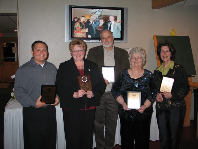 Receiving awards are, from left, Kevin Yates of the Chillicothe Park District, Community Organization of the Year; Darlene Kumpf, City Civic Award (given by the city of Chillicothe); Ben Alvarez, President’s Choice Award; Dianne Colwell, Member of the Year; and Marty Schlink of Heritage Manor, Business of the Year. Not pictured, but also honored, was Sarah Williamson as past president of the chamber.