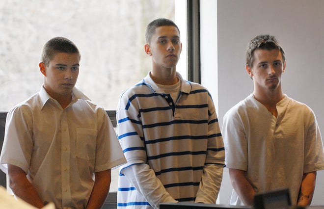 Michael Boudreau, left, Michael Prior, center, and Alan Spear are arraigned in Milford District Court on Thursday.