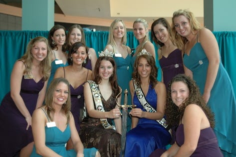 Courtney Bierman, Lindsay Brooks, Stephanie Covey, Jenna Eckersen, Kelleigh Hall, Kari Michaelsen, Ashley Sabourin, Rebekah Shuman, Whitney Whidden and Kristina Whisenant -- members of this year's court vying for the two top titles -- surround current Queen Caitlen Williford and Princess Melissa Smith.