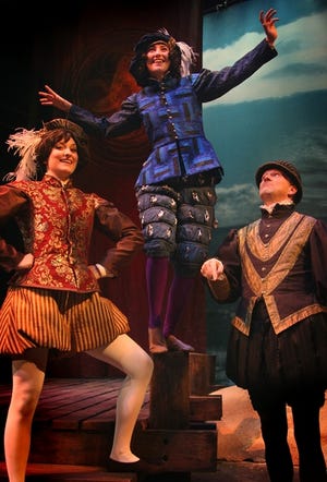 "Twelfth Night" features, from left, Lauren Nordvig as Viola/Cesario, Loren Omer as Feste and Kevin Shell as Malvolio at the University of Florida's Black Box Theater.