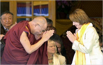 The Dalai Lama and Nancy Pelosi, the speaker of the House, greeted each other on Friday in Dharamsala, India.