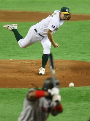 Oakland Athletics starter Joe Blanton pitches against Boston Red Sox left fielder Manny Ramirez in the first inning of their Major League Baseball regular season opener at Tokyo Dome in Tokyo, Japan, Tuesday, March 25, 2008.