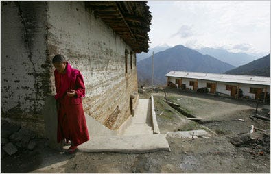 In a vast area of mountainous Chinese villages near the Tibet border, life centers on the spiritual, as at a nunnery, above, but the area remains a battle zone.
