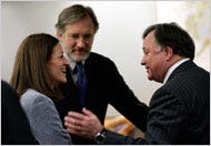 Nina Gussack, left, and George Lehner, lawyers for Eli Lilly, in a discussion with Tommy Fibich, a lawyer for the State of Alaska.