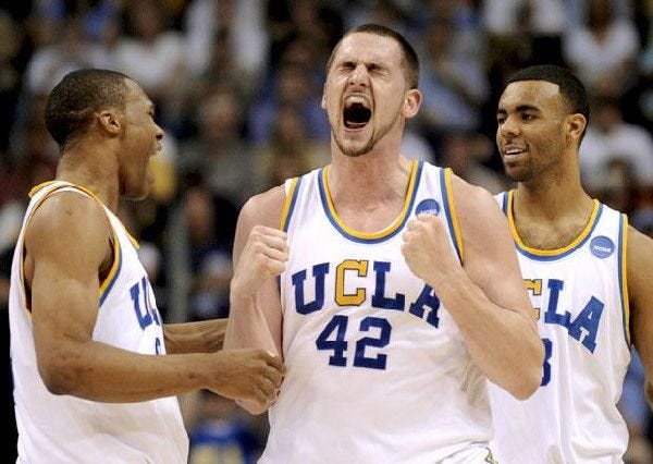 It may be UCLA’s third straight Final Four appearance, but it’s the first for freshman phenom Kevin Love, center, shown with Russell Westbrook, left, and Josh Shipp.