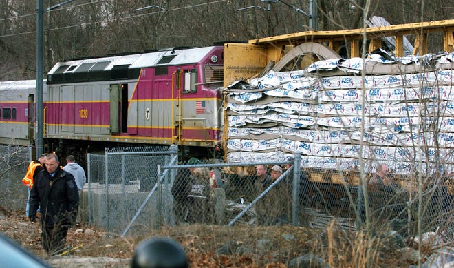 An MBTA commuter train collides with a box car just north of Canton Junction station in Canton.