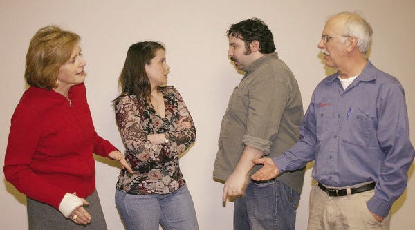 PHOTO BY PETER SGRO/The Gazette
REHEARSING: for the Nemasket River Productions' "Lovers and Other Strangers," from left, are Linda Monchik, Sarah Angley, Scott Finegan and Rolly Blanchette. The play opens April 11 in the Black Box Theatre at the Middleboro Town Hall.