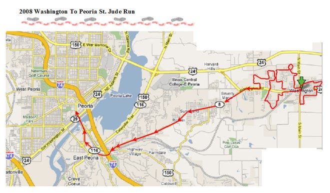 The Washington to Peoria St. Jude satellite run will cover about 20 to 25 miles through Washington and into Peoria via Route 8 through East Peoria and the Bob Michel Bridge.