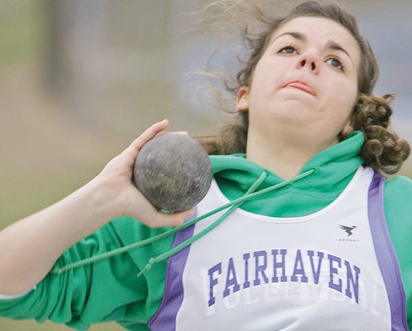 ANDREW T. GALLAGHER/Standard-Times special
Fairhaven’s Kelly Walton gives it her all in the shot put during Monday’s dual meet against Apponequet. The Lakers won, 75-61. For more, see Page C3.