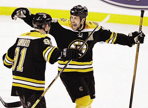 Boston Bruins' Marco Sturm, right, of Germany, celebrates with teammate Marc Savard (91) after the Bruins defeated the Montreal Canadiens 5-4 in game 6 of the Eastern Conference quarterfinals hockey playoff game in Boston, Saturday, April 19, 2008. Sturm scored the winning goal in the third period.