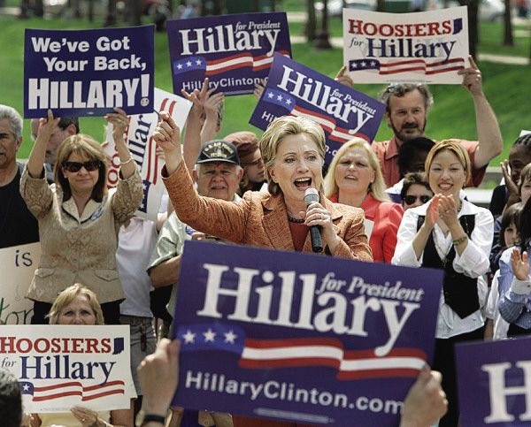 MICHAEL CONROY/The Associated Press
Democratic presidential hopeful Sen. Hillary Rodham Clinton, D-N.Y., talks to supporters Wednesday at an American Legion Mall in Indianapolis.