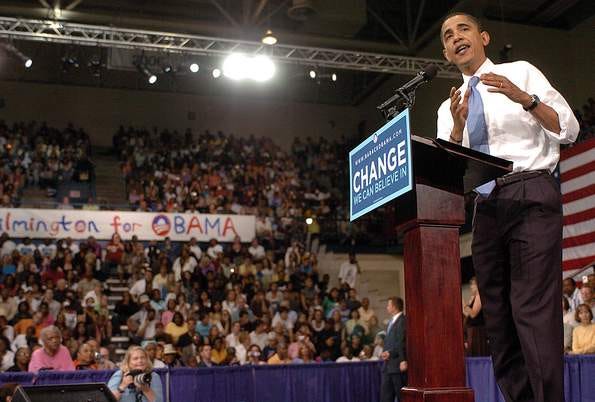 Barack Obama speaks to thousands at UNCW in April.