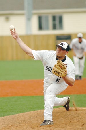 Adrian College senior Bobby Rickstad fires a pitch during a game against Calvin last month. Rickstad is 4-2 and has three shutouts this spring.