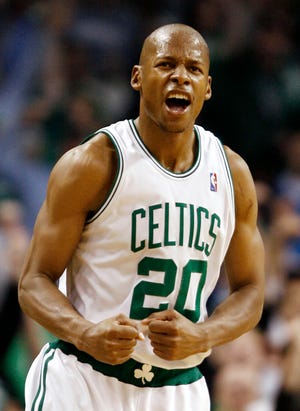 Ray Allen celebrates after hitting a basket during the second half of the Celtics 99-65 win over the Atlanta Hawks in Game 7 Sunday.