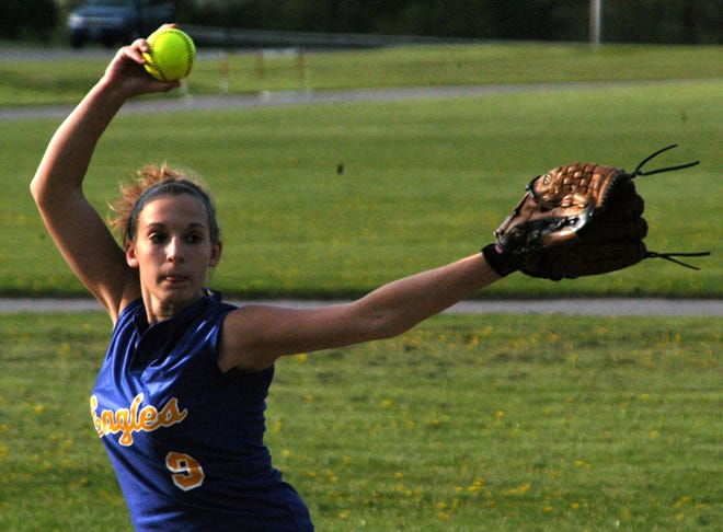 Alfred-Almond senior hurler Hannah Porter prepares to unleash a pitch to the plate during the sixth inning of Tuesday afternoon’s Steuben County Athletic Association varsity softball matchup against Canaseraga. Porter picked up the victory in the circle as A-A rallied to beat the Indians, 14-13.