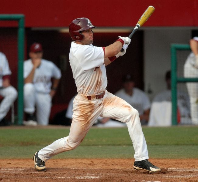 Alabama’s Alex Kubal doubles in the fifth inning Saturday against Florida at Sewell-Thomas Stadium.