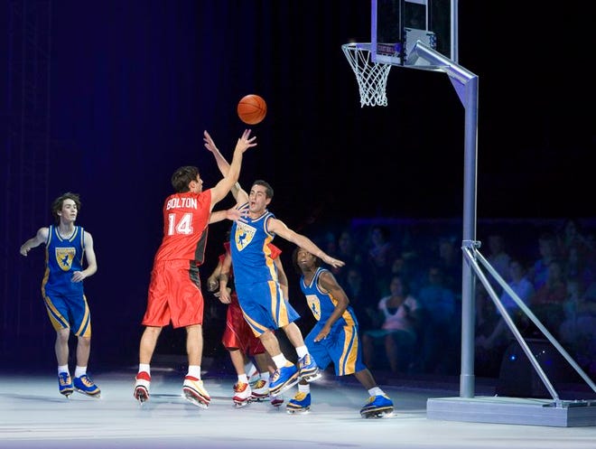 Actors play basketball on ice skates during “High School Musical: The Ice Tour.”