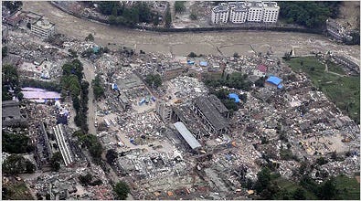 An aerial photograph of Yingxiu, in Sichuan Province. Of about 10,000 residents in this rural Chinese town, only about 2,300 have been confirmed alive.