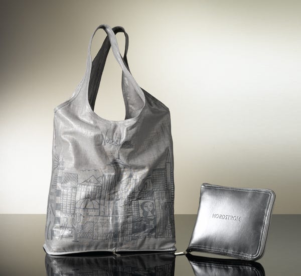 Nordstrom's reusable tote zips into a small rectangle for easy storage.