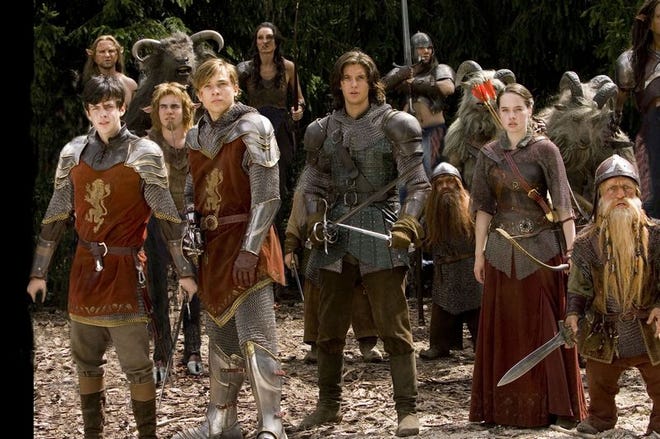 From left, Skandar Keynes, William Mosely, Ben Barnes, Anna Popplewell and Peter Dinklage star in "The Chronicles of Narnia: Prince Caspian."