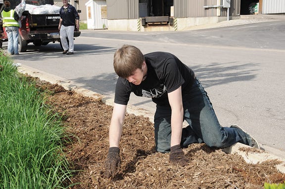 Devin Shelton of Hudson and other students from the Lenawee Intermediate School District Tech Center horticulture class teamed with the Adrian Parks and Forestry Department Friday morning to put mulch around ornamental grasses along the river at Water Street.